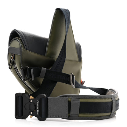 Christian Dior X SACAI Grained Calfskin Technical Fabric Mens Saddle Bag Olive Navy Blue 3 of 10