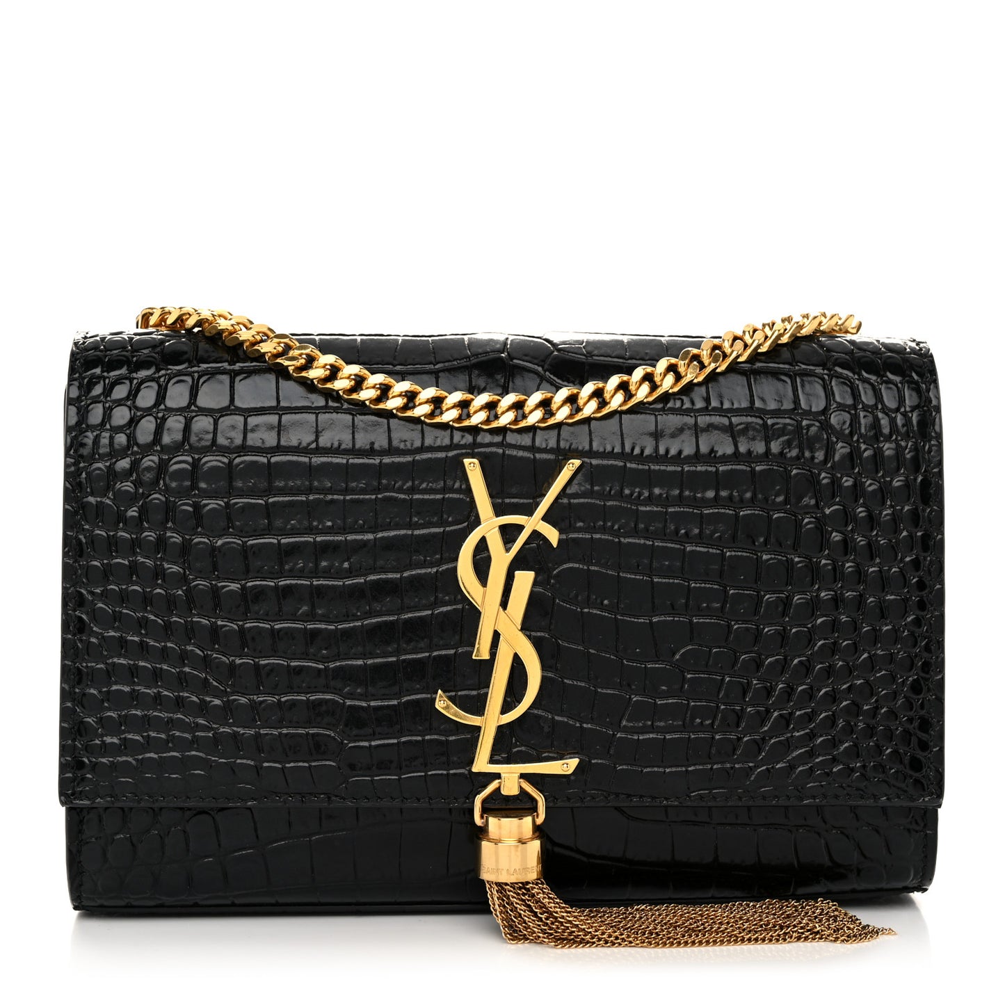 Calfskin Crocodile Embossed Small Classic Monogram Kate Tassel Satchel Black