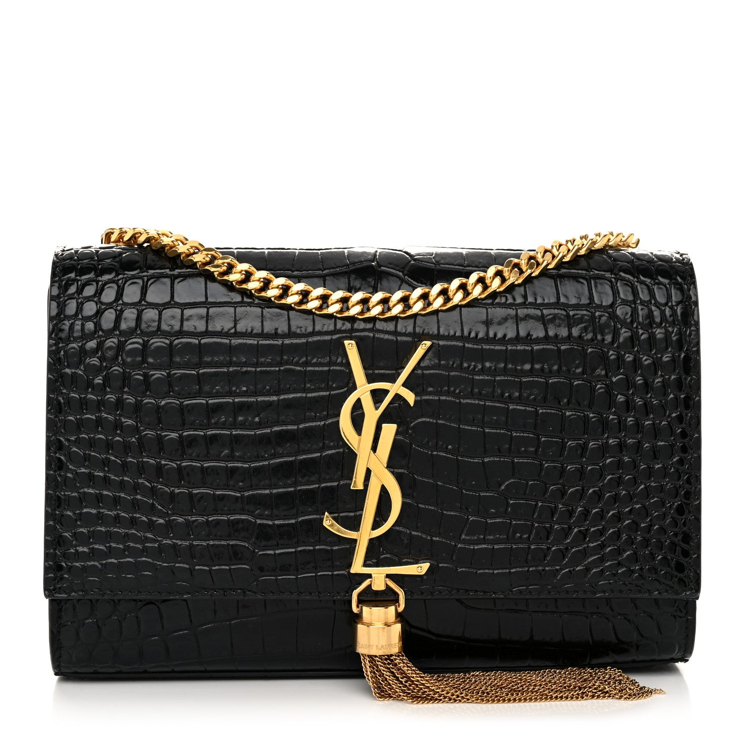 Saint Laurent Calfskin Crocodile Embossed Small Classic Monogram Kate Tassel Satchel Black 1 of 10