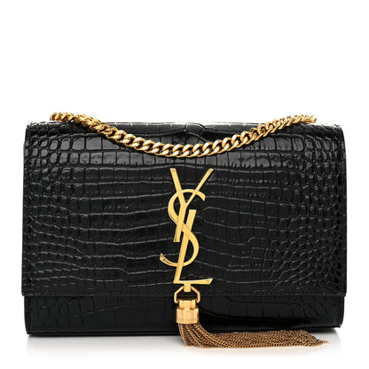 Saint Laurent Calfskin Crocodile Embossed Small Classic Monogram Kate Tassel Satchel Black 1 of 10