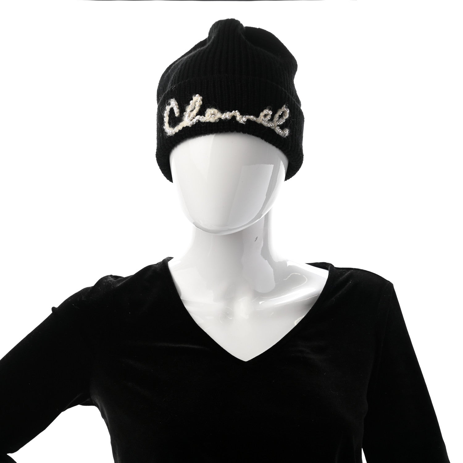 Chanel Cashmere Logo Beanie Hat Black White 2 of 4