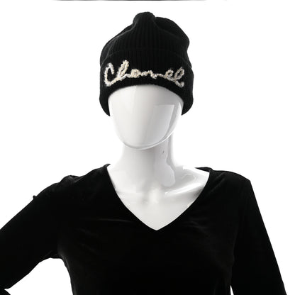 Chanel Cashmere Logo Beanie Hat Black White 2 of 4