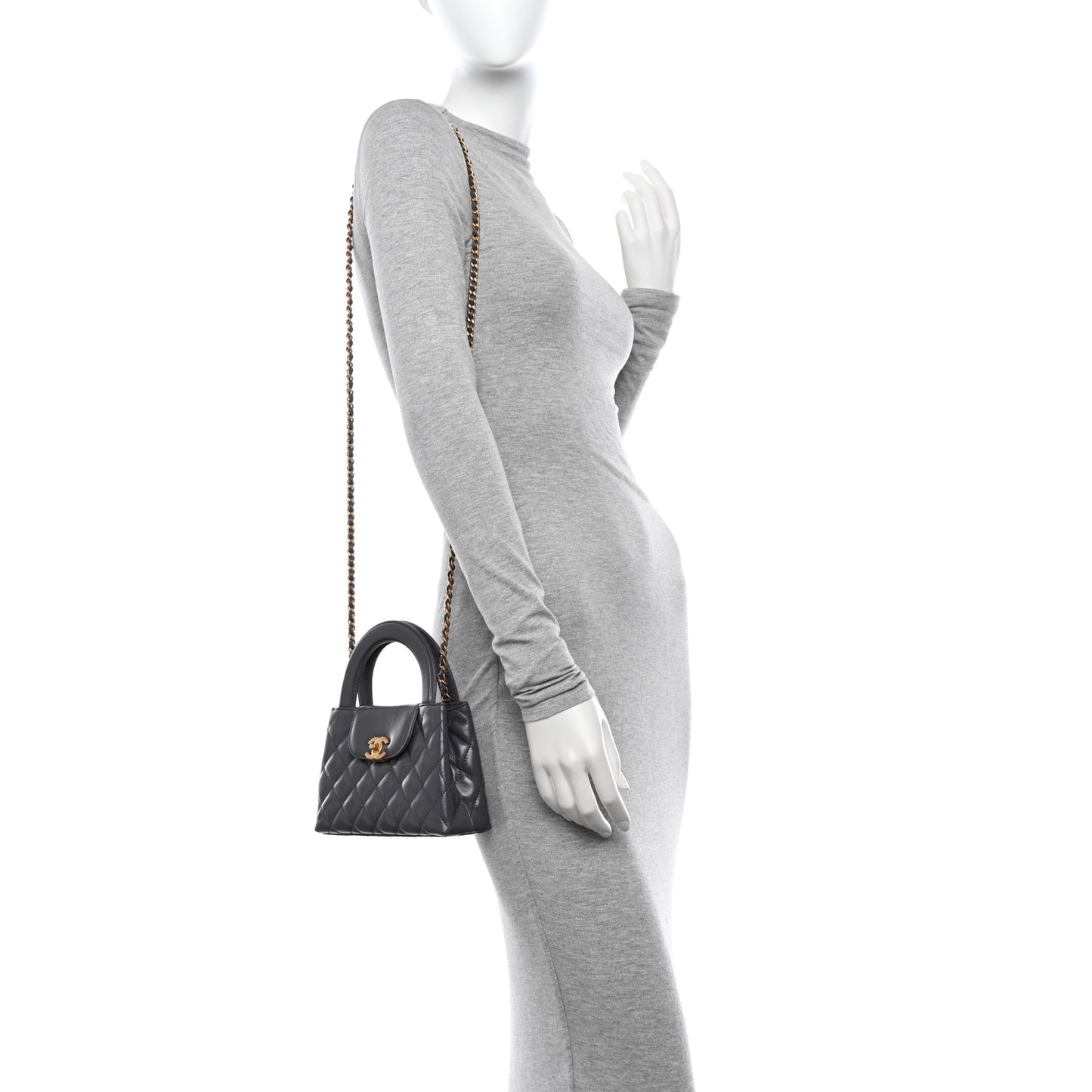 Shiny Aged Calfskin Quilted Nano Kelly Shopper Grey