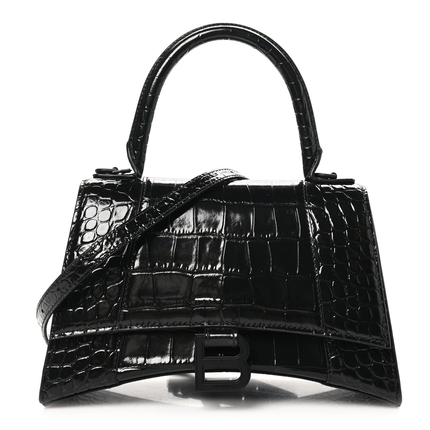 Balenciaga Shiny Calfskin Monochrome Crocodile Embossed Small Hourglass Top Handle Bag Black 1 of 10