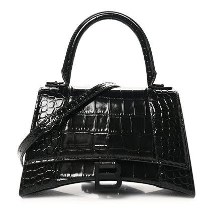 Balenciaga Shiny Calfskin Monochrome Crocodile Embossed Small Hourglass Top Handle Bag Black 1 of 10