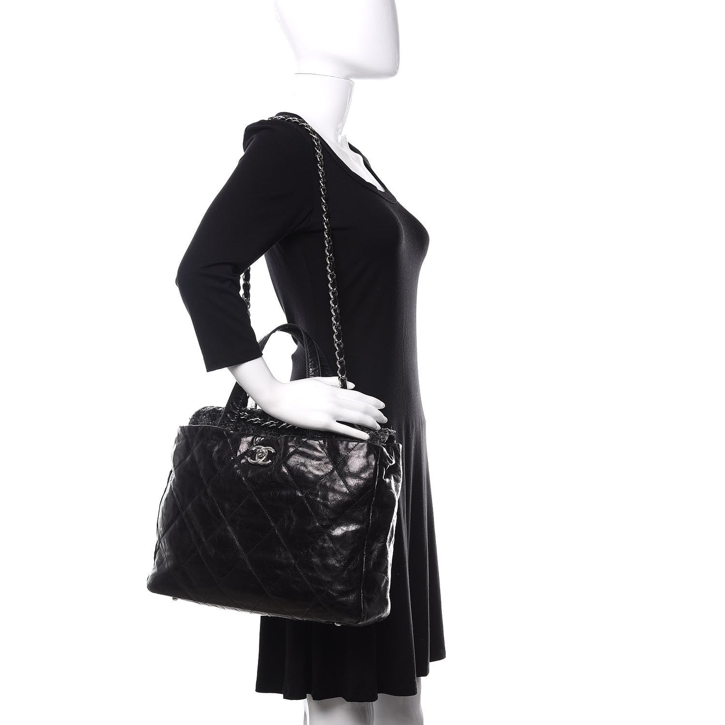 Glazed Calfskin Quilted Tweed Portobello Tote Black