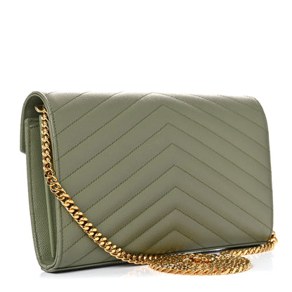 Saint Laurent Grain De Poudre Matelasse Chevron Monogram Chain Wallet Pistachio 3 of 9