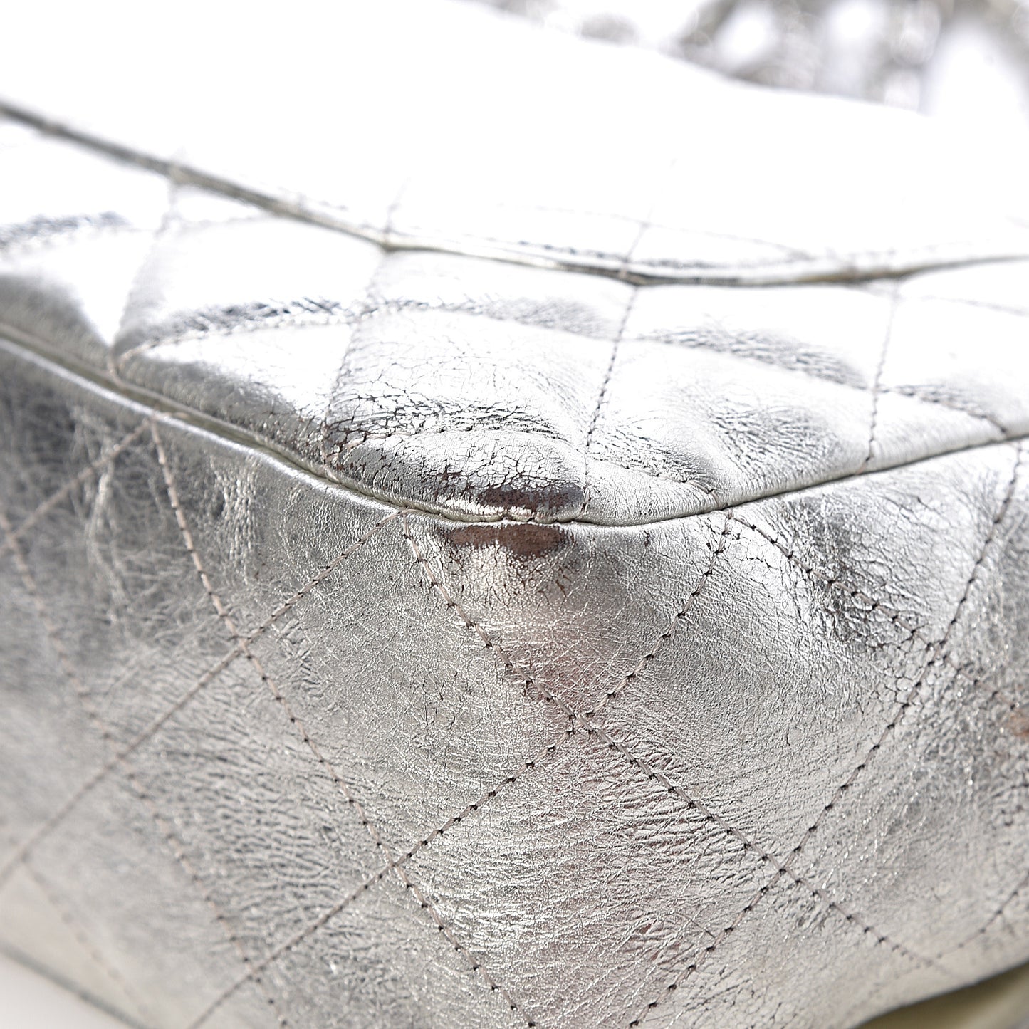 Metallic Aged Calfskin Quilted Jumbo Single Flap Silver