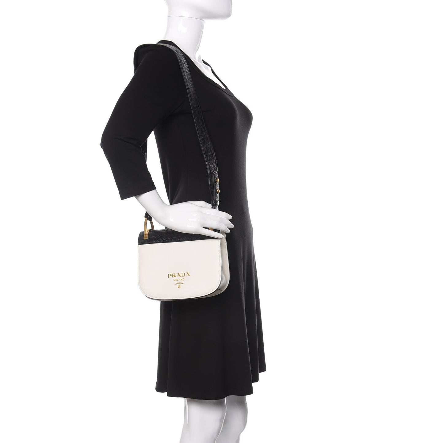 City Calf Crocodile Calfskin Embossed Pionniere Saddle Bag Black White