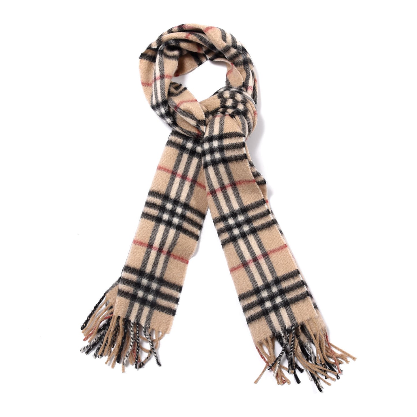 Cashmere Vintage Check Fringe Scarf Camel