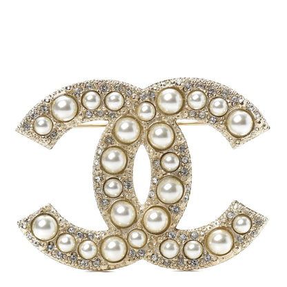 Chanel Pearl Crystal CC Brooch Gold 1 of 4