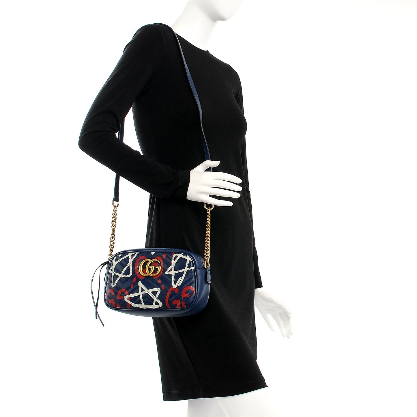 Calfskin Matelasse GucciGhost Small GG Marmont Chain Shoulder Bag Blue Agata Hibiscus Red