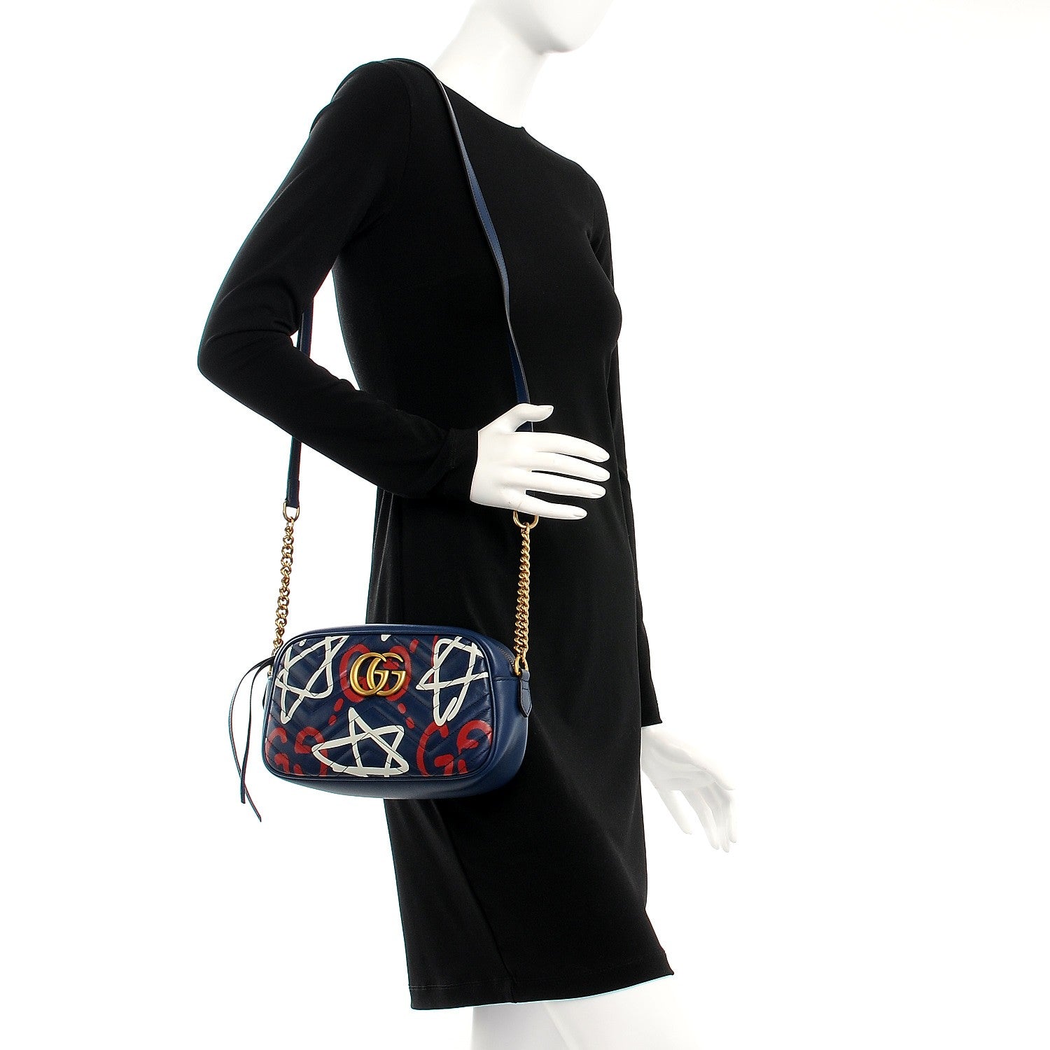 Gucci Calfskin Matelasse GucciGhost Small GG Marmont Chain Shoulder Bag Blue Agata Hibiscus Red 2 of 8