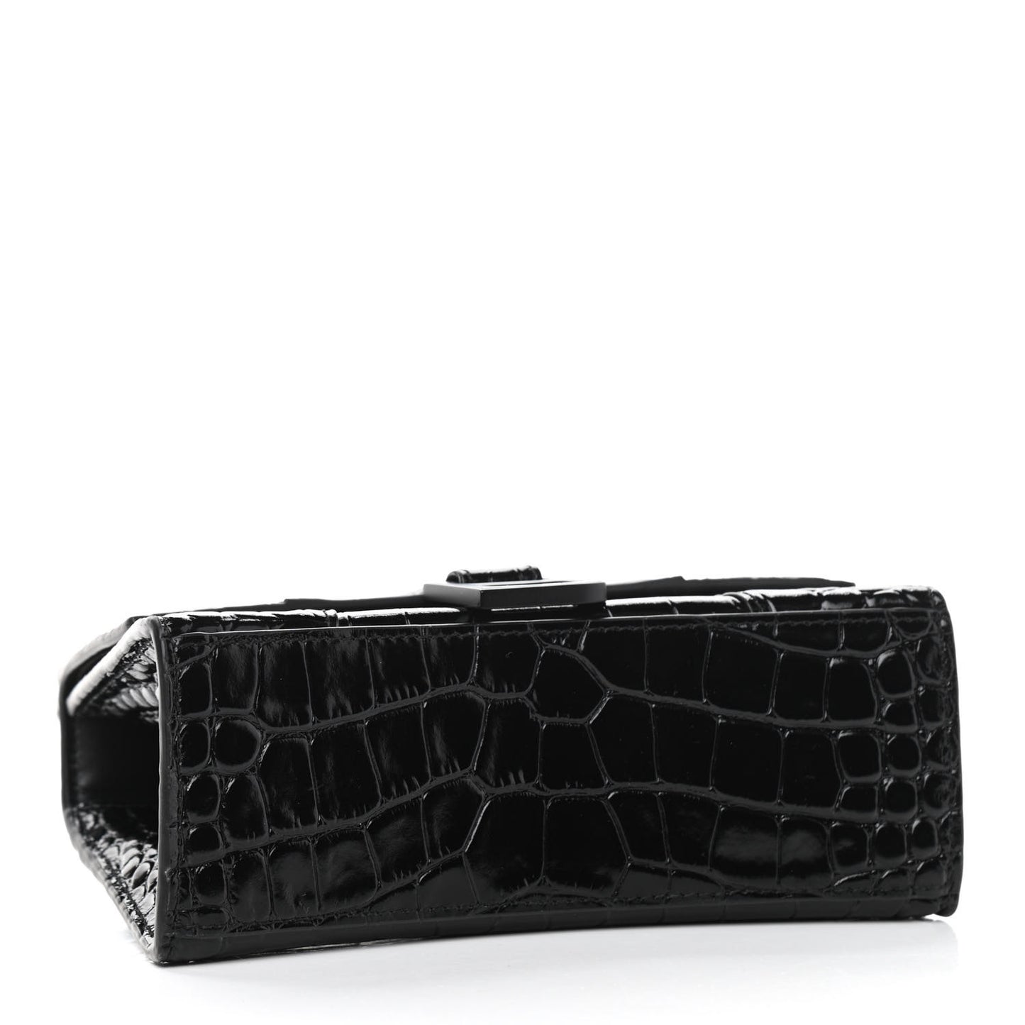 Shiny Calfskin Monochrome Crocodile Embossed Hourglass Top Handle Bag XS Black