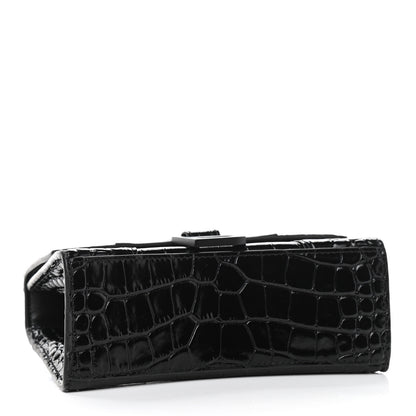 Balenciaga Shiny Calfskin Monochrome Crocodile Embossed Hourglass Top Handle Bag XS Black 4 of 11