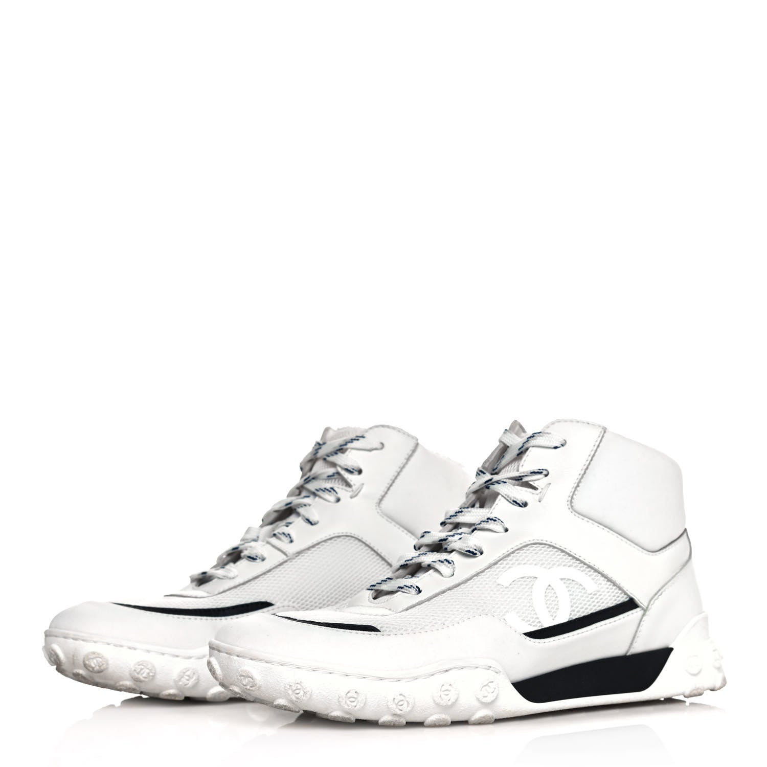 Chanel Calfskin Mesh Lycra Womens Logo High Top Sneakers 37 White 3 of 12
