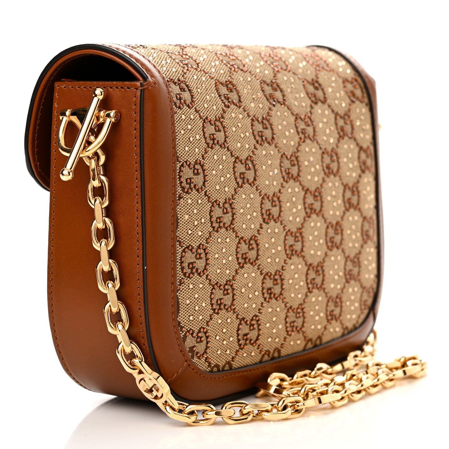 New Canvas Charisma Calfskin Crystal GG Monogram Mini Horsebit 1955 Shoulder Bag Camel Ebony