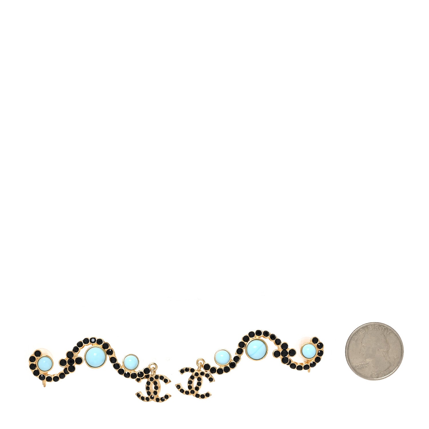 Chanel Crystal Bead CC Climber Earrings Gold Black Turquoise 2 of 5