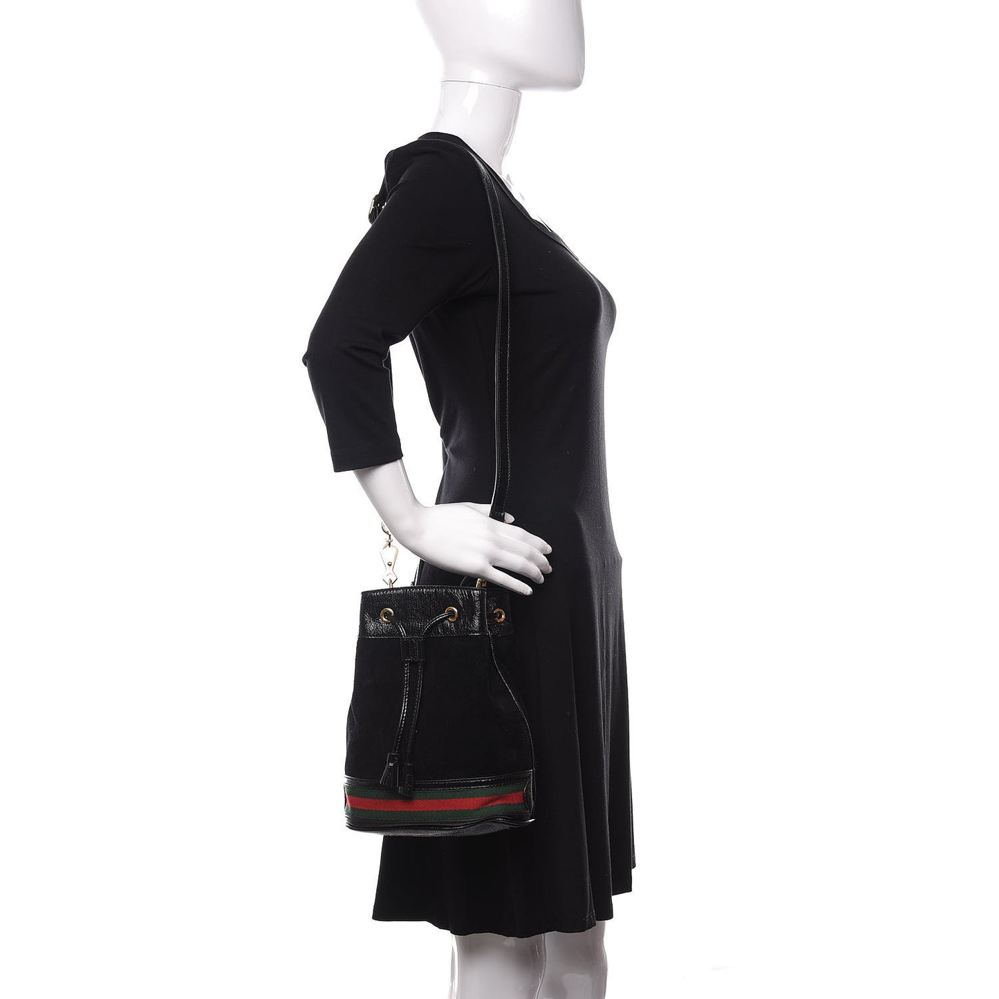 Suede Patent Web Small Ophidia Bucket Bag Black
