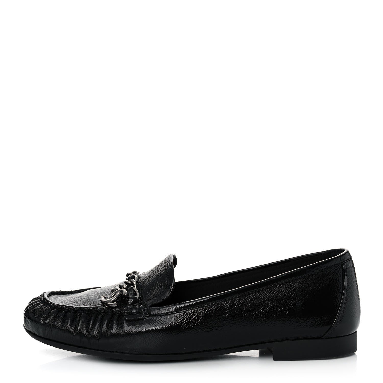 Chanel Crackled Patent Calfskin CC Mocassin Loafers 38.5 Black 1 of 9