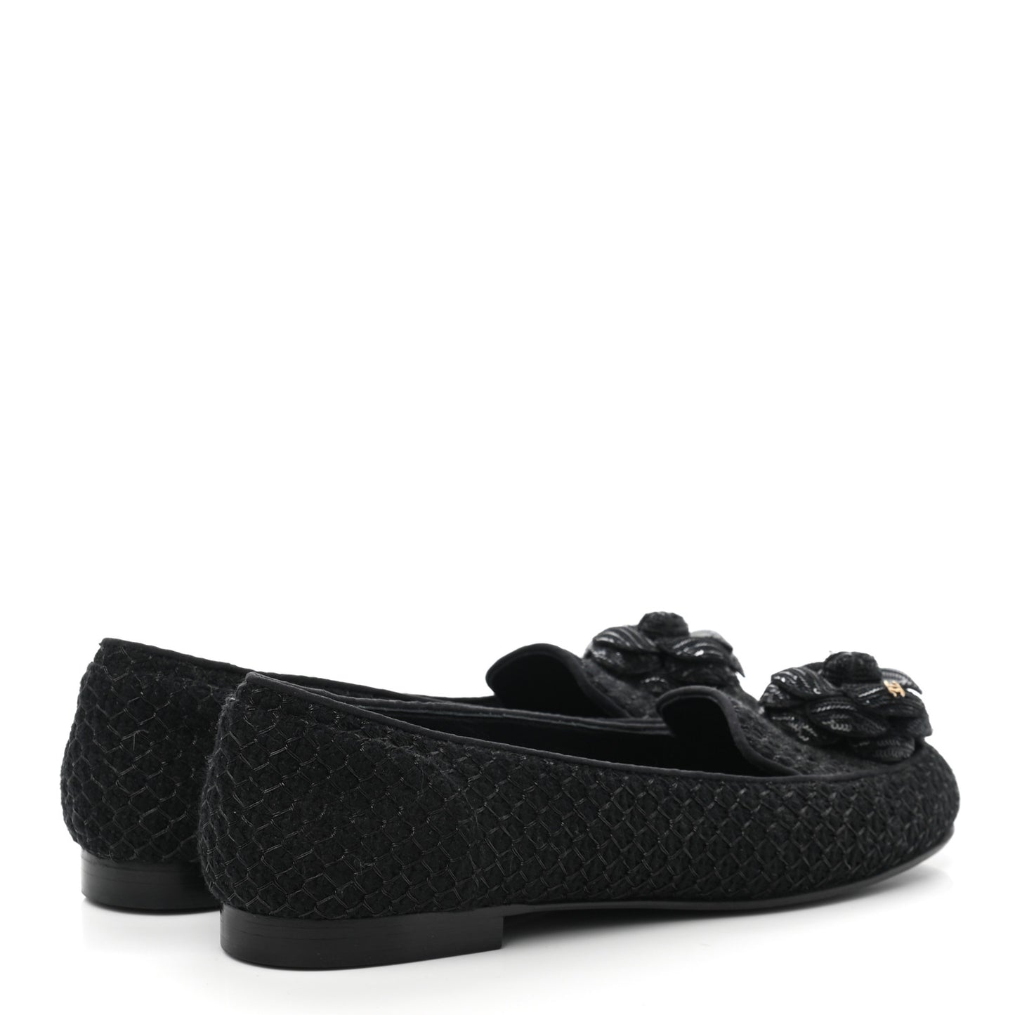 Tweed Sequin Camellia Mocassin Loafers 36.5 Black