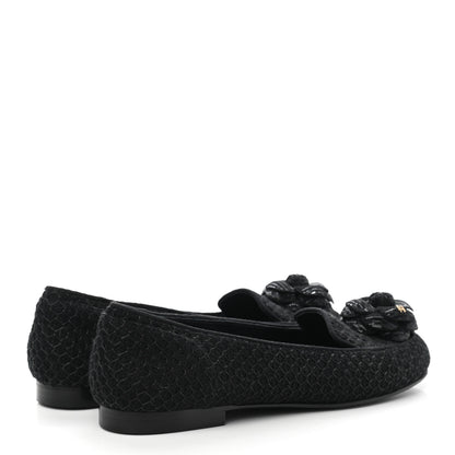 Chanel Tweed Sequin Camellia Mocassin Loafers 36.5 Black 4 of 8