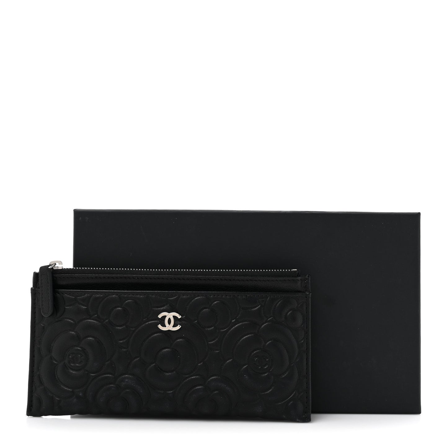 Lambskin Camellia Embossed Classic Zip Pouch Black