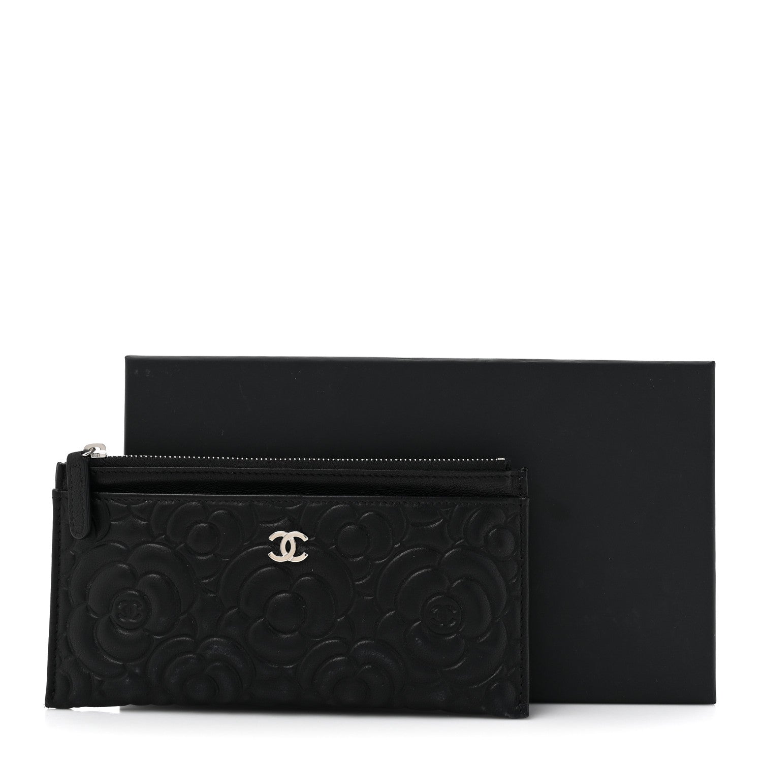 Chanel Lambskin Camellia Embossed Classic Zip Pouch Black 10 of 10