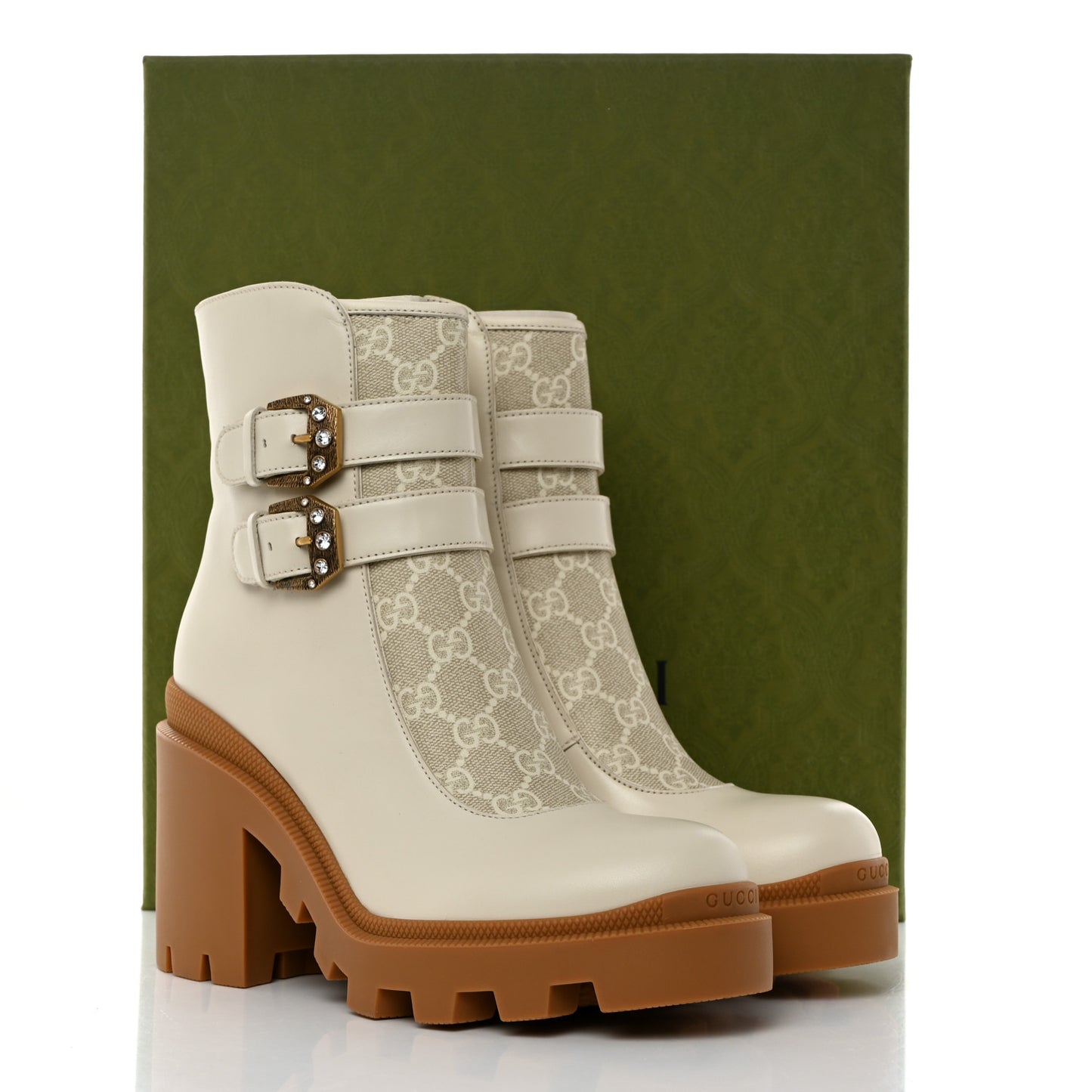 Kensington Calfskin Nappa GG Supreme Monogram Womens Double Buckle Ankle Boots 38 Mystic White Beige