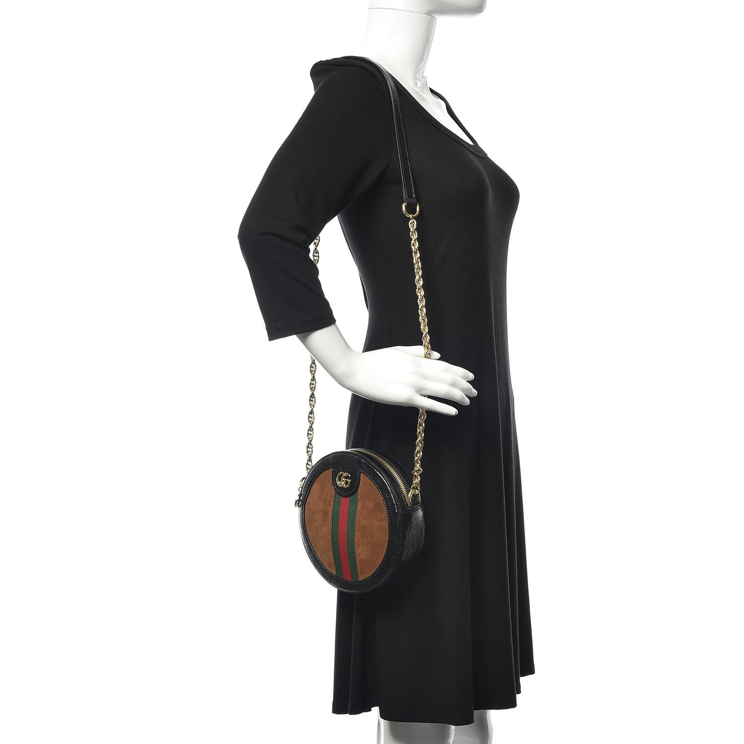 Suede Patent Web Mini Ophidia Round Shoulder Bag Nocciola Black