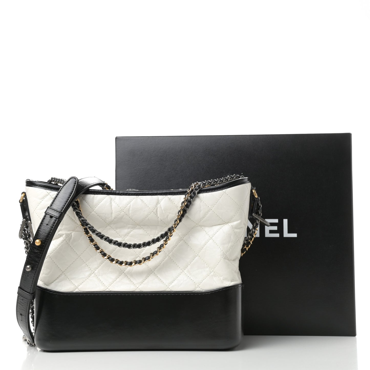 Aged Calfskin Quilted Medium Gabrielle Hobo Black White