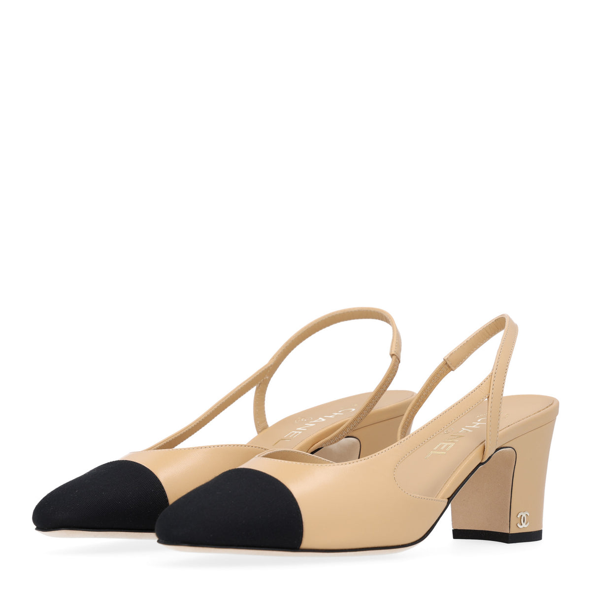 Chanel Goatskin Grosgrain Cap Toe CC Slingback Pumps 40 Beige Black 4 of 11