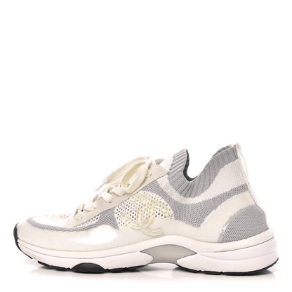 Chanel Fabric Suede Calfskin Stretch CC Sneakers 40 White Grey 1 of 8