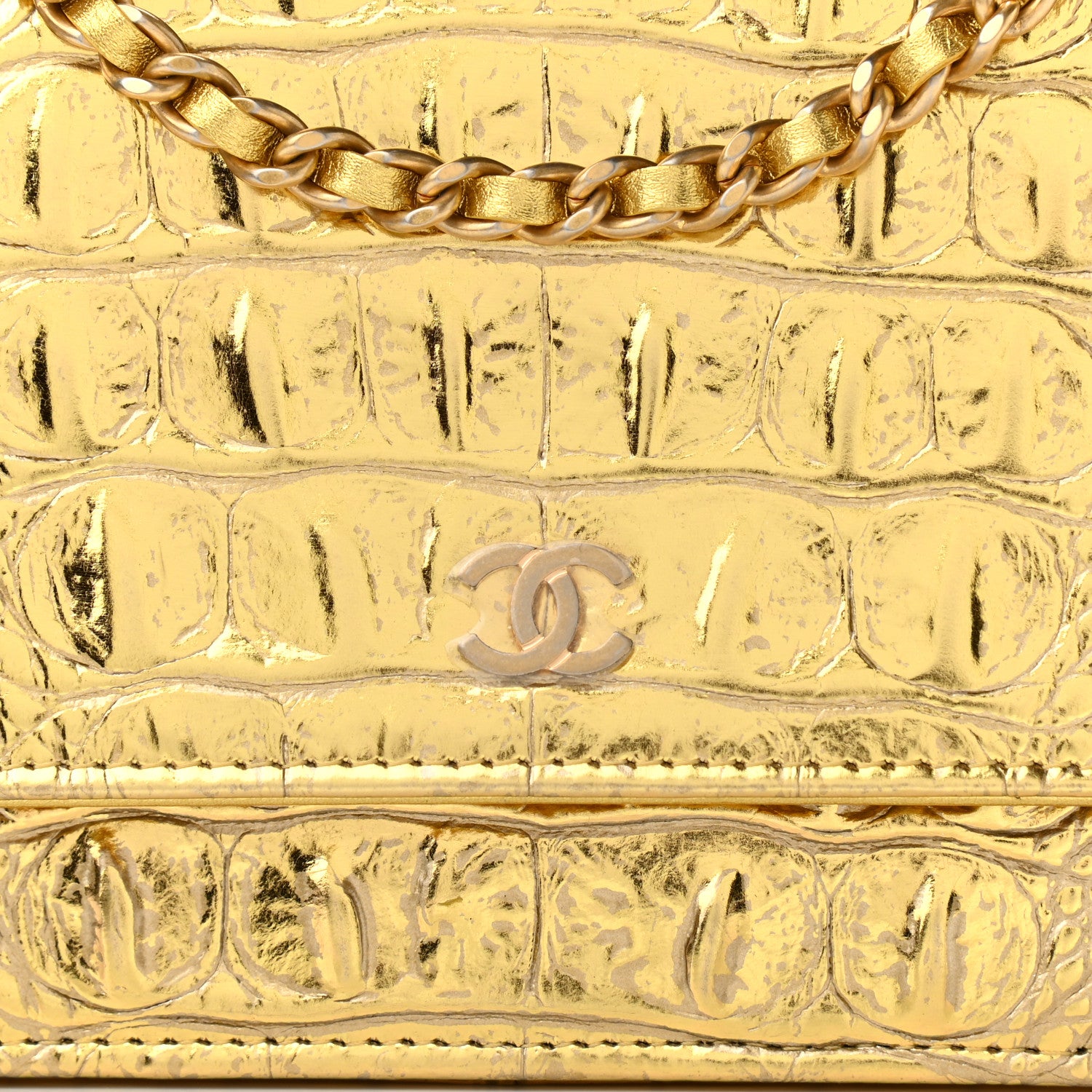Chanel Metallic Calfskin Crocodile Embossed Cocodile Wallet On Chain WOC Gold 9 of 14