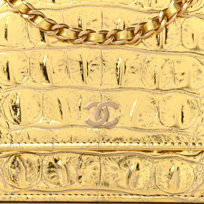 Chanel Metallic Calfskin Crocodile Embossed Cocodile Wallet On Chain WOC Gold 9 of 14