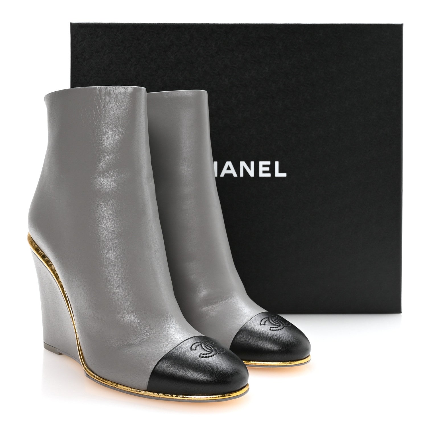 Chanel Lambskin Cap Toe Open Wedge Ankle Boots 37.5 Grey Black 9 of 9
