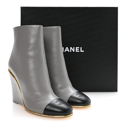 Chanel Lambskin Cap Toe Open Wedge Ankle Boots 37.5 Grey Black 9 of 9