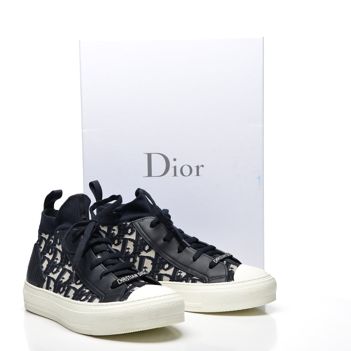 Technical Knit Calfskin Oblique Womens Walk'n Dior Mid Top Sneakers 37.5 Deep Blue