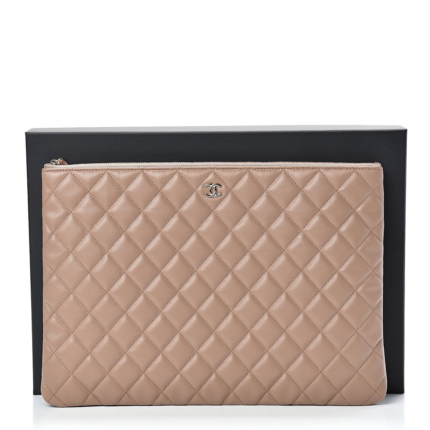 Lambskin Quilted Large Cosmetic Case Beige