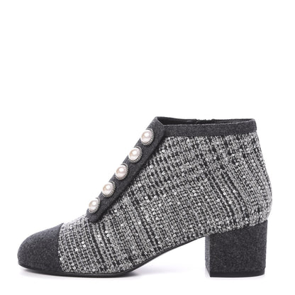Chanel Tweed Pearl Cap Toe Short Boot 39.5 Black 1 of 9