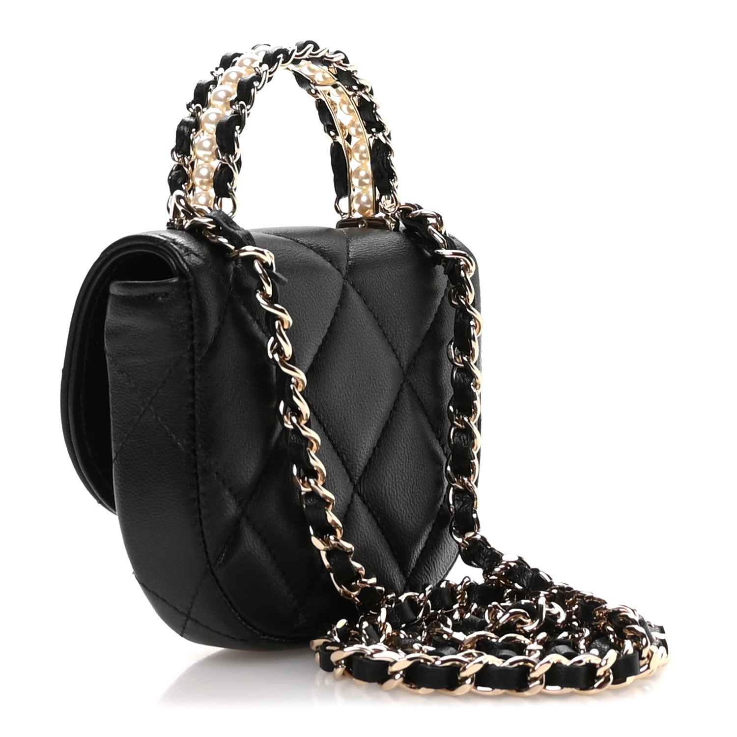Chanel Lambskin Quilted Pearl Top Handle Clutch With Chain Black 2 of 11