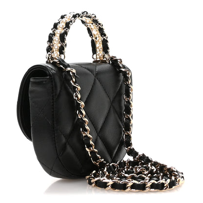 Chanel Lambskin Quilted Pearl Top Handle Clutch With Chain Black 2 of 11