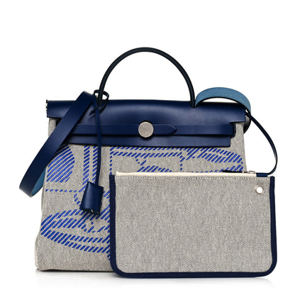 Hermes Vache Hunter Toile H Brides de Gala Herbag Zip Retourne 31 PM Bleu De France Ecru Black 1 of 13