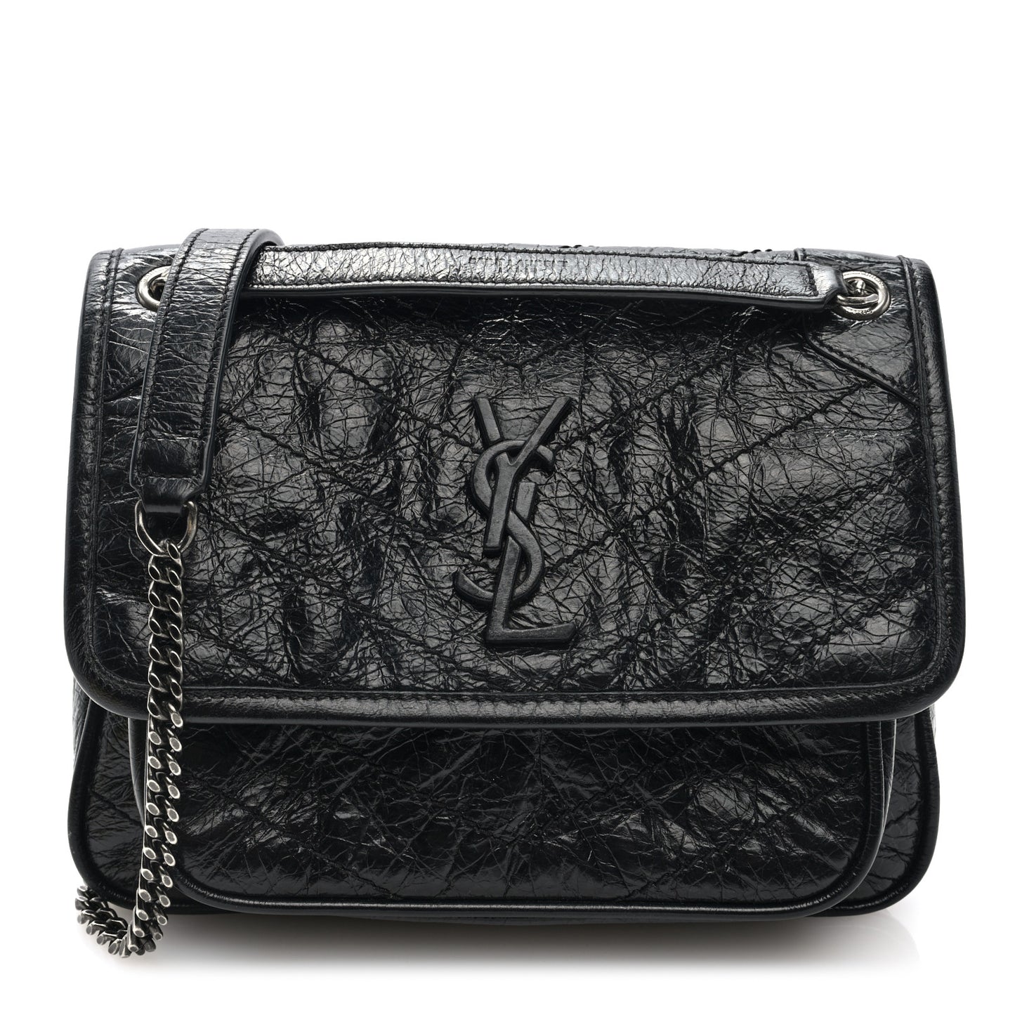Crinkled Calfskin Matelasse Monogram Baby Niki Chain Satchel Black
