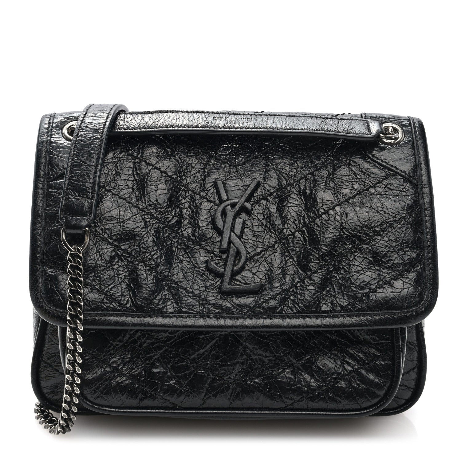 Saint Laurent Crinkled Calfskin Matelasse Monogram Baby Niki Chain Satchel Black 1 of 9