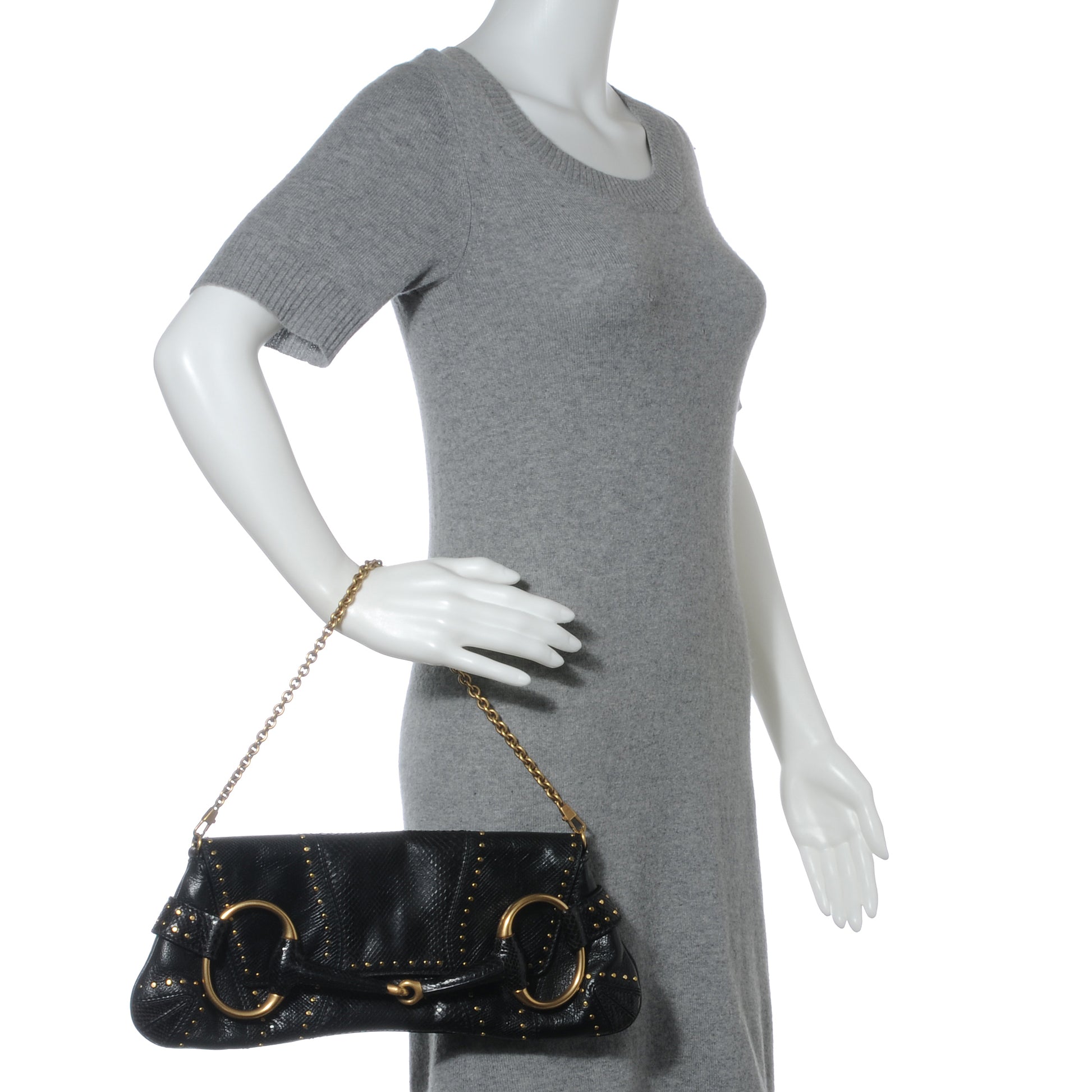 Gucci Python Studded Large Horsebit Chain Clutch Black 2 of 7