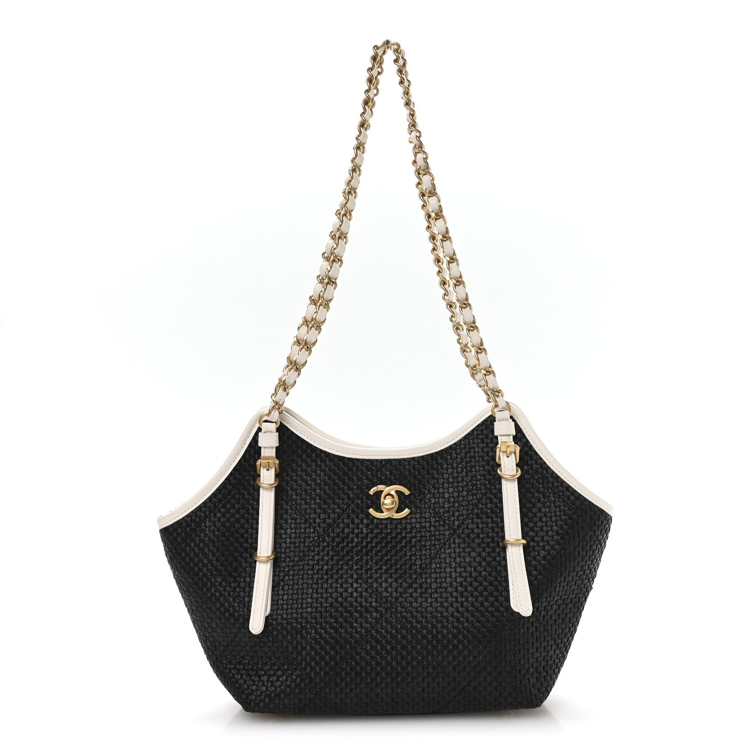 Chanel Calfskin Raffia Braided Small Shopping Tote Black White 2 of 21