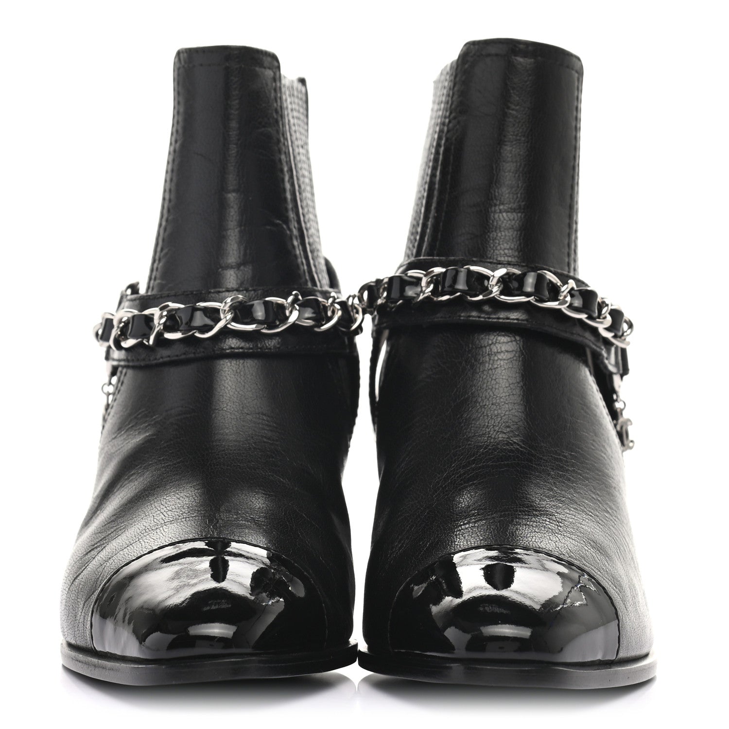 Chanel Goatskin Patent CC Cap Toe Chain Boots 36 Black 2 of 11