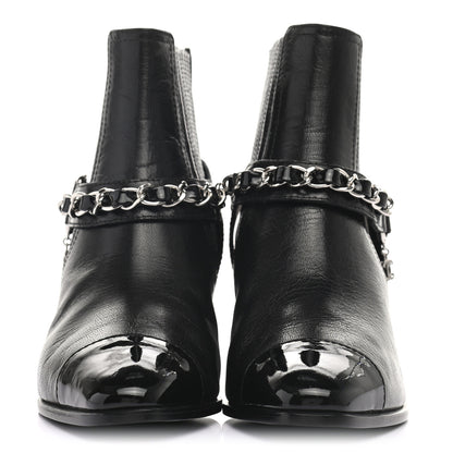 Chanel Goatskin Patent CC Cap Toe Chain Boots 36 Black 2 of 11