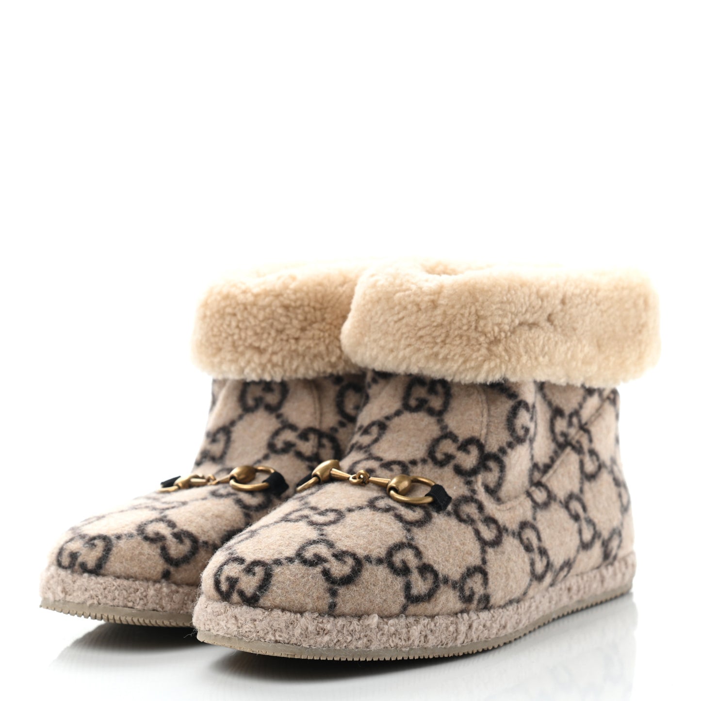 Covered Wool GG Monogram Womens Fria Horsebit Ankle Boots 40 Beige Ebony Butterscotch